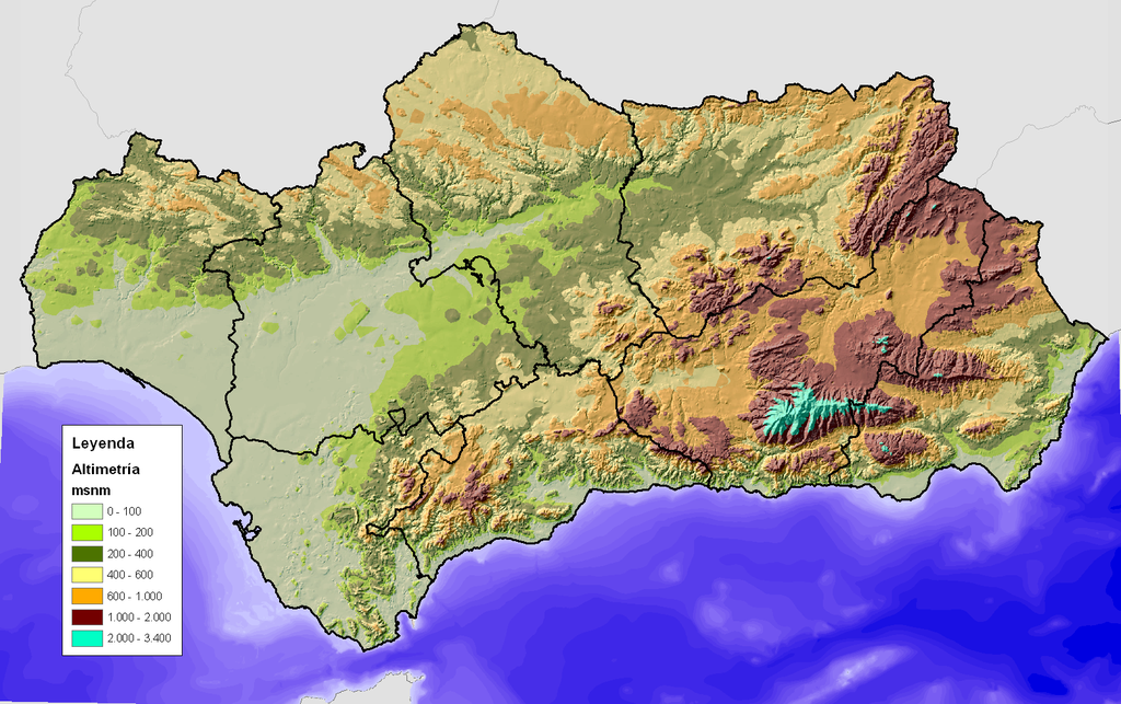 Altimetría Andalucía Mapa del relieve de Andalucía