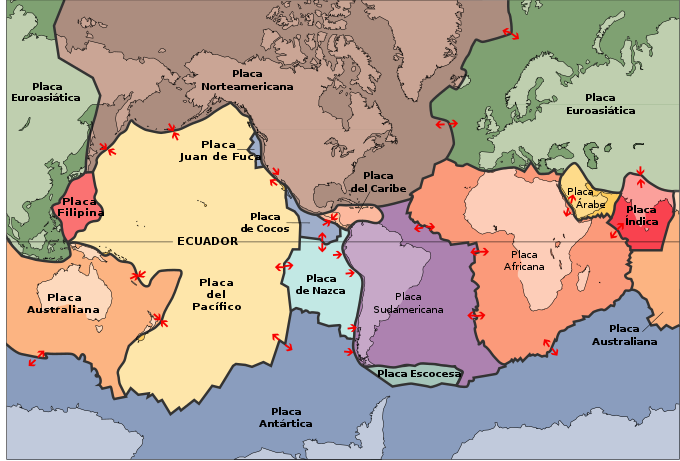 La imagen muestra un mapa de las placas tectónicas de la Tierra